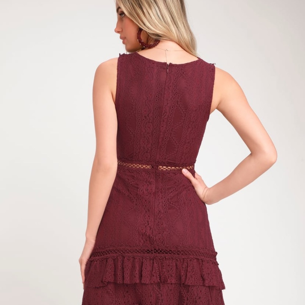 Lulus Burgundy Lace Ruffle Midi - Picture 6 of 7